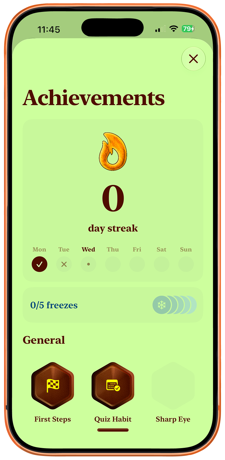 Achievements overview and day streak